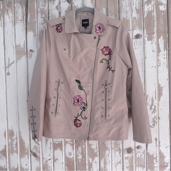XOXO Embroidered Moto Jacket, Faux Leather, Size Large - Picture 5 of 15